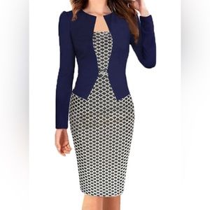 Oxiuli Blue Patterned Business Casual Work One-Piece Bodycon Dress - S
